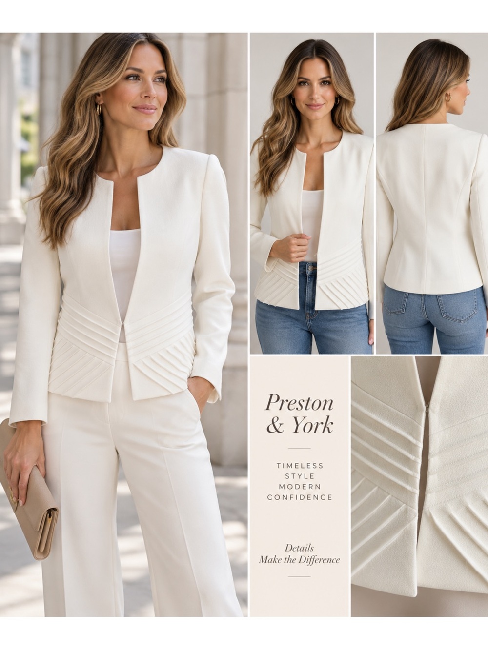 Preston & York Ivory Collarless Blazer Diagonal Raised Pintuck Detail Jacket 8